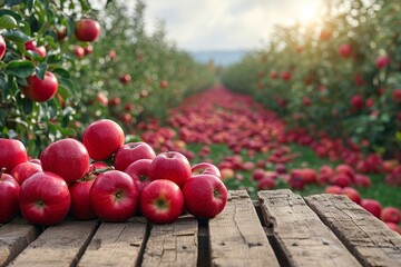 Poster - A group of ripe red apples arranged on a sturdy wooden table in summer garden 