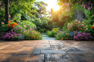 Canvas Print - A wooden walkway surrounded by an array of vibrant flowers and towering trees, creating a picturesque scene.