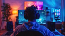 Young Man Wearing Headphones Playing Computer Game, Winner. Male Gamer Looking At Computer Monitor. Cybersport, Gaming Club. Guy Record Live Stream. Pink Neon Light. Cyber Sport. Professional Player.