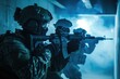 © dreamdes - Special forces team in a tactical engagement in a smoky corridor. Military operations and tactics concept. Special forces unit. Design for banner, poster, wallpapers. Urban warfare. Cold lighting