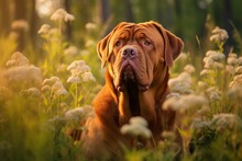 Dogue De Bordeaux Dog Sitting In Meadow Field Surrounded By Vibrant Wildflowers And Grass On Sunny Day Ai Generated