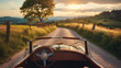 A family road trip in a vintage car traveling through a picturesque countryside.