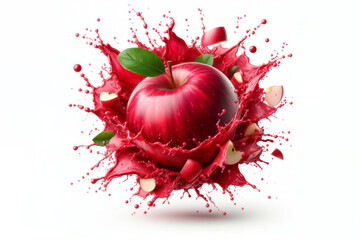Exploding red apple fruit juice isolated on solid white background. ai generative