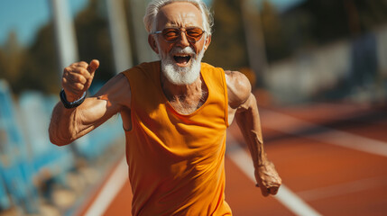 An active elderly man dressed in sports clothes enjoys a healthy lifestyle, running on a sunny day along the track of a sports stadium, demonstrating vitality and physical fitness.