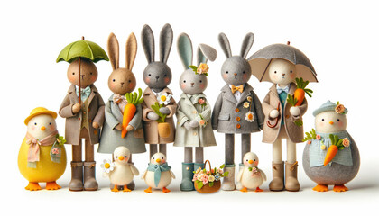 Wall Mural - Collection of Adorable Easter Characters, Stuffed Animals Toys Dressed in Spring Outfits on a White Background