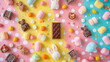 A festive Easter candy flat lay with a variety of sweets chocolate bunnies and pastel marshmallows on a colorful polka dot background.