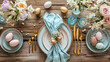 A flat lay of a festive Easter table setting with pastel napkins golden cutlery and egg-shaped placeholders on a rustic table.