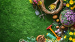 A flat lay of a garden-themed Easter arrangement with a small wreath gardening tools and potted spring flowers on a green grass background.