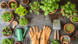 A flat lay of summer gardening tools including gloves a watering can seed packets and a variety of potted plants on an earthy background.