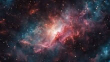 Background With Stars Nebula In Space, A Cloud Of Gas And Dust Where Stars Are Born. The Nebula Is A Mixture Of Red, Pink, And Blue Colors, Creating A Beautiful Contrast.  