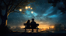 A Man And A Woman Sitting On A Bench And Looking At The Stars On The Night Sky