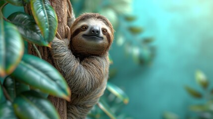 Wall Mural -  a sloth hanging from the side of a tree in front of a blue wall with green leaves on it's sides and a blue sky background with green leaves.