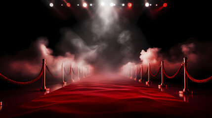 Wall Mural - Red carpet staircase with smoke and spotlights, holiday awards ceremony event