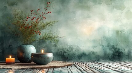 Wall Mural -  a painting of a vase with a candle and a vase with a plant in it sitting on a wooden table next to a vase with a red flower in it.