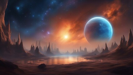 sunrise in the mountains  An alien planet in outer space with a blue nebula behind it. The image shows a contrast  