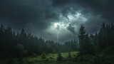 Fototapeta  - A forest during a thunderstorm with dark clouds heavy rain and occasional flashes of lightning.