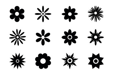 Flower icon silhouettes isolated on white background. Simple daisy flowers black silhouettes set. Flowers head symbol set