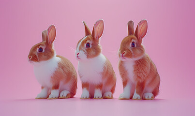 Wall Mural - Easter Joy: Three Playful Bunnies in Cheerful Pose on a Pastel Surface with Ample Copy Space, Perfect for a Card. easter bunnies on a pink background. Generative AI