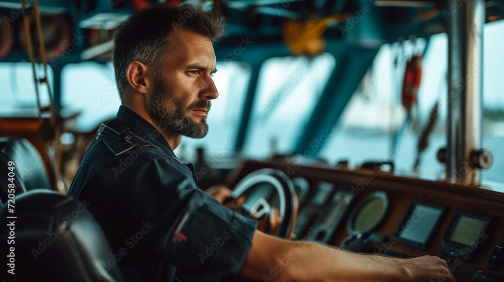 The ship's captain confidently steers the vessel from the captain's ...