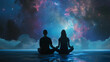 A couple meditates in the center of the universe, surrounded by cosmic energy and infinite space, symbolizing inner peace and spiritual connection