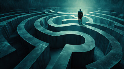 A man is depicted in a labyrinth, looking for a way out, representing the challenge of finding the right solutions in life