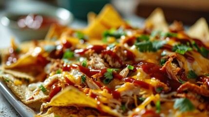 Close up shot of BBQ Chicken Nachos