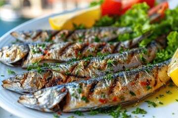 Wall Mural - Taste of Tradition: Grilled Sardines Served with Salad and Olive Oil at the Bustling Streets of Oporto's Popular Party.