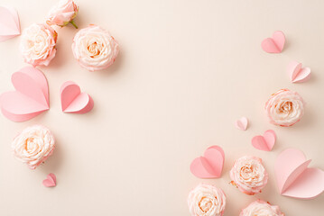 Cherish your radiant sweetheart with this Valentine's composition! Top view capturing vibrant rose buds and affectionate emblems against a delicate beige background. Ample space for your words or ads