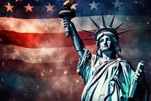 Statue Of Liberty And USA Flag On The Background. 3D Illustration, Statue Of Liberty With Fireworks Against The Backdrop Of The American Flag, AI Generated