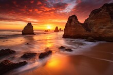 Sunset Over The Twelve Apostles, Great Ocean Road, Victoria, Australia, Sunset At The Beach In Lagos, Portugal, Captured Through A Long Exposure, AI Generated