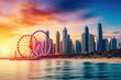 Dubai Marina at sunset in Dubai, UAE. Dubai was the fastest developing city in the world between 2002 and 2008, Sunset view of the Dubai Marina and JBR area and the famous, AI Generated