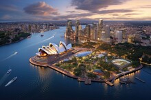 Panoramic Aerial View Of The Sydney Opera House, Sydney, Australia, Landscape Aerial View Of The Sydney Opera House Near Sydney Business Center Around The Harbor, AI Generated