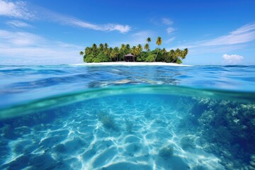 Canvas Print - Capture the tranquility and beauty of a small island nestled in the vast expanse of the ocean, The Maldives sea scenery, AI Generated