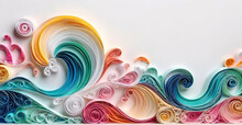 Quilling Colorful 3D Paper Waves Abstract Pastel Background On White With Copy Space For Design And Interior Art Decor. AI Generated.