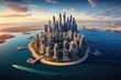 Experience the breathtaking beauty of a bustling metropolis situated in the midst of an expansive body of water, The Palm island panorama with Dubai Marina in the background aerial, AI Generated