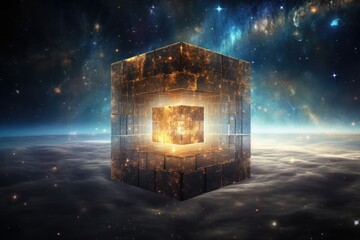 Cube in Space Filled With Stars, A Mesmerizing Cosmic Scene, Time in the fourth dimension, the universe, cosmos, infinite, cube, changing, eternity, AI Generated