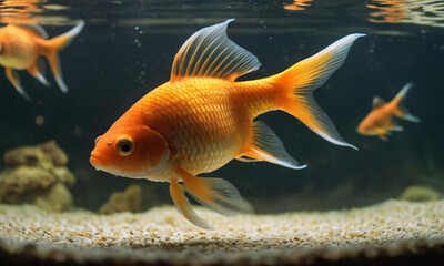 Goldfish in an aquarium with a green background