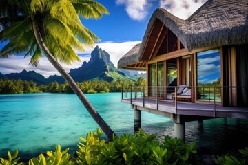 Canvas Print - Picture of a house situated on the water, with a palm tree standing in front of it, Vista Bungalow Bora Bora, AI Generated