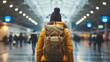 Woman on her back with a backpack waiting for a train at a train station during the day in high resolution and high quality. concept travel through europe by train, tourist