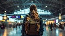 Woman On Her Back With A Backpack Waiting For A Train At A Train Station During The Day In High Resolution And Quality