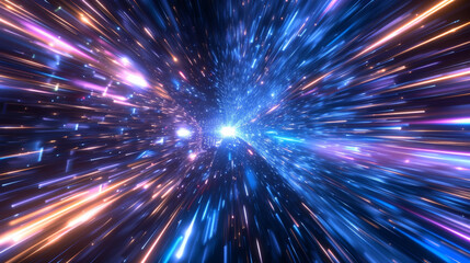 Galactic background with glowing neon light trails, conveys the energy of a super-fast journey through space . Generative AI.