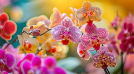 Background of exotic orchids in various colors, creating an elegant and tropical atmosphere generative ai