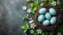 Easter Card Background, Easter Card, Nest With Easter Eggs On A Dark Background, Generated AI