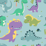 Fototapeta Pokój dzieciecy - Seamless vector pattern. Cute dinosaurs in bright colors. Illustrations in a simple children's style. Blue background . Vector illustration