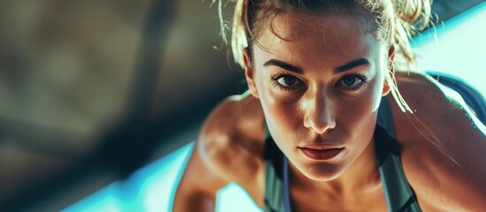 Sticker - Attractive Young Athlete Woman Doing Exercise Indoors - A Stunning Young Athlete Woman Engages in Attractive and Energetic Indoors Exercise Routine