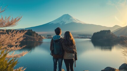 A young friend bearded international travel in Fuji japan landmark with lake