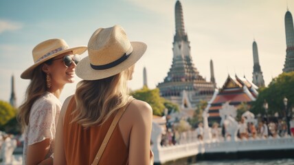 Amarican friends, travel and tourism concept. Beautiful american girls looking for direction in the thailand wat arun