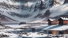 Couple At Winter Mountain Landscape With Winter House And River 