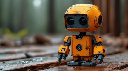 Wall Mural -  a close up of a toy robot sitting on a wooden floor in the rain with a blurry background of wood planks and a tree in the foreground.