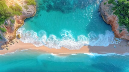 Wall Mural -  a bird's eye view of a beach with waves crashing on the shore and a cliff on the other side of the beach and a body of water in the foreground.